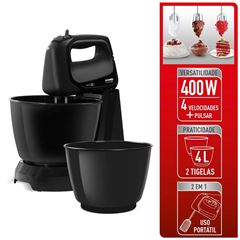 Batedeira Portátil Arno Mini Chef c/ 2 Tig. 4L 4 Veloc Func. Pulsar Preta HM11SX1618B1 400W 127V